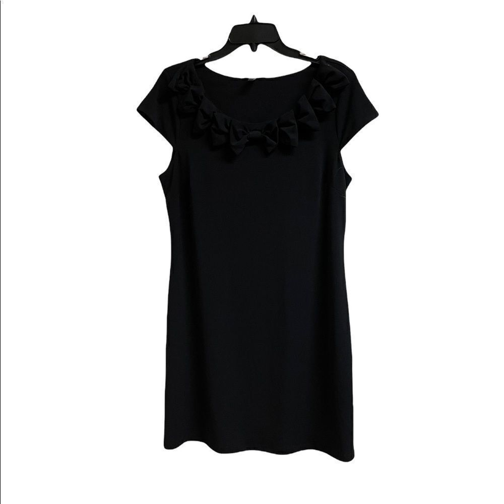 Black Cap Sleeve Dress with Bow Neckline Embellishments by Forever